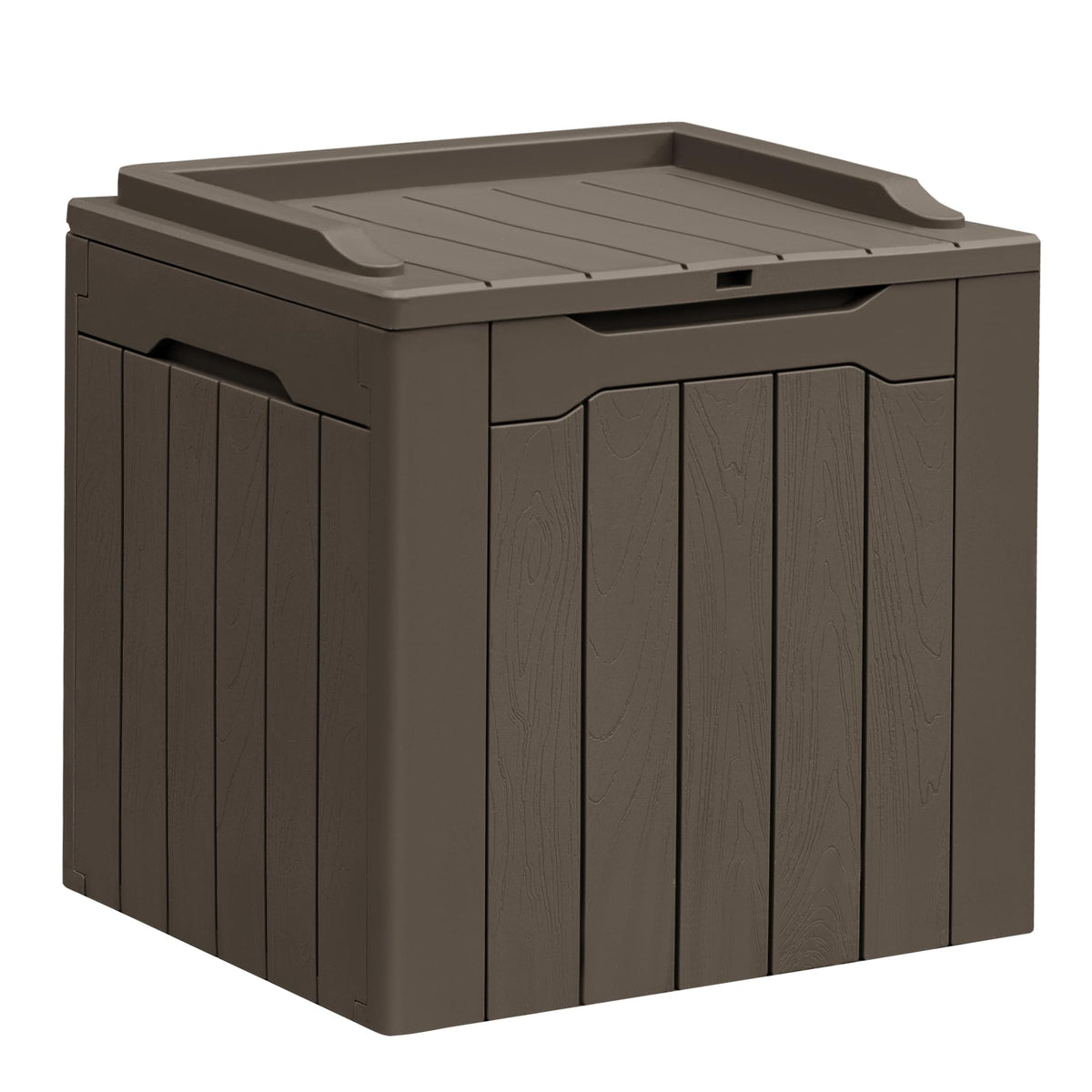 Greesum deck box front view showing compact brown storage and weatherproof benefit