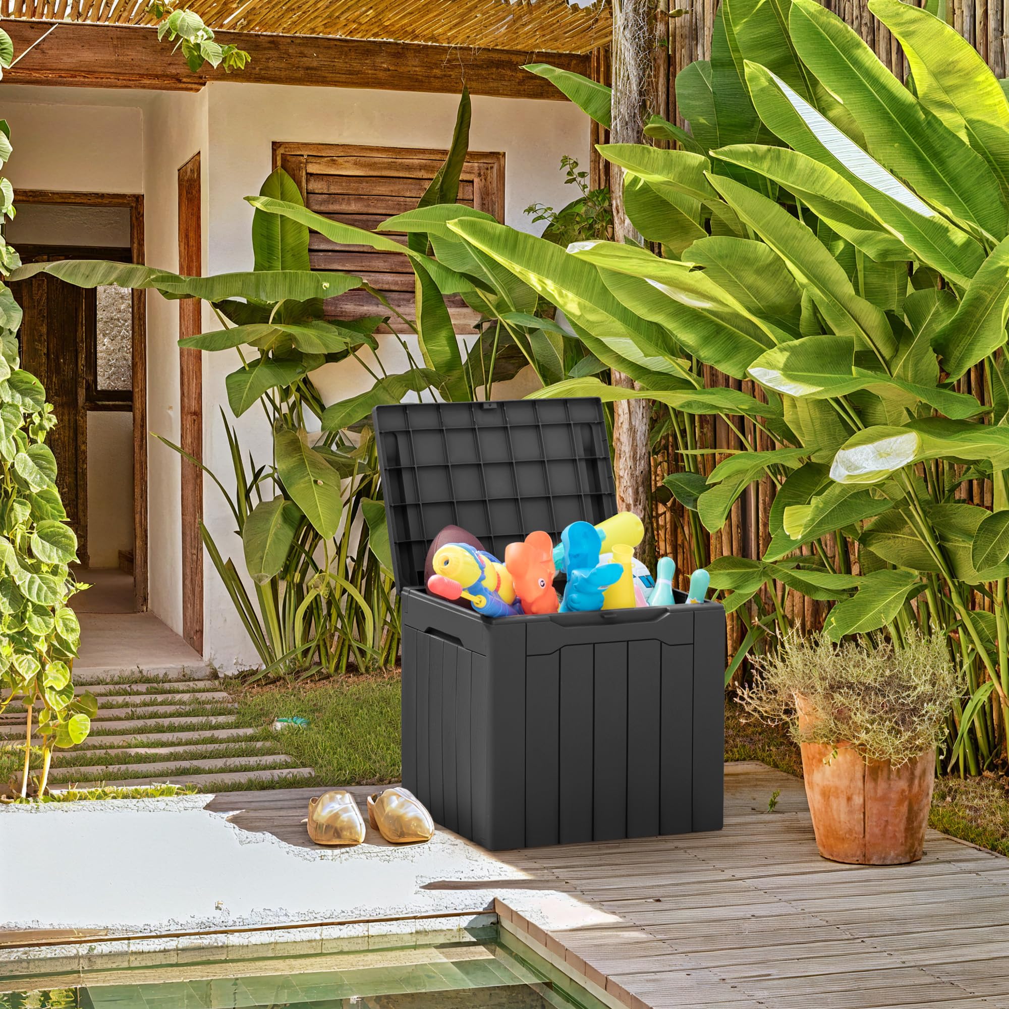 Greesum deck box open with cushions inside showing organized, dry storage