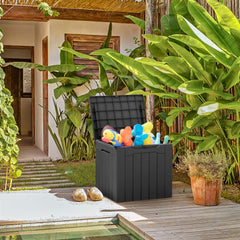 Greesum deck box open with cushions inside showing organized, dry storage
