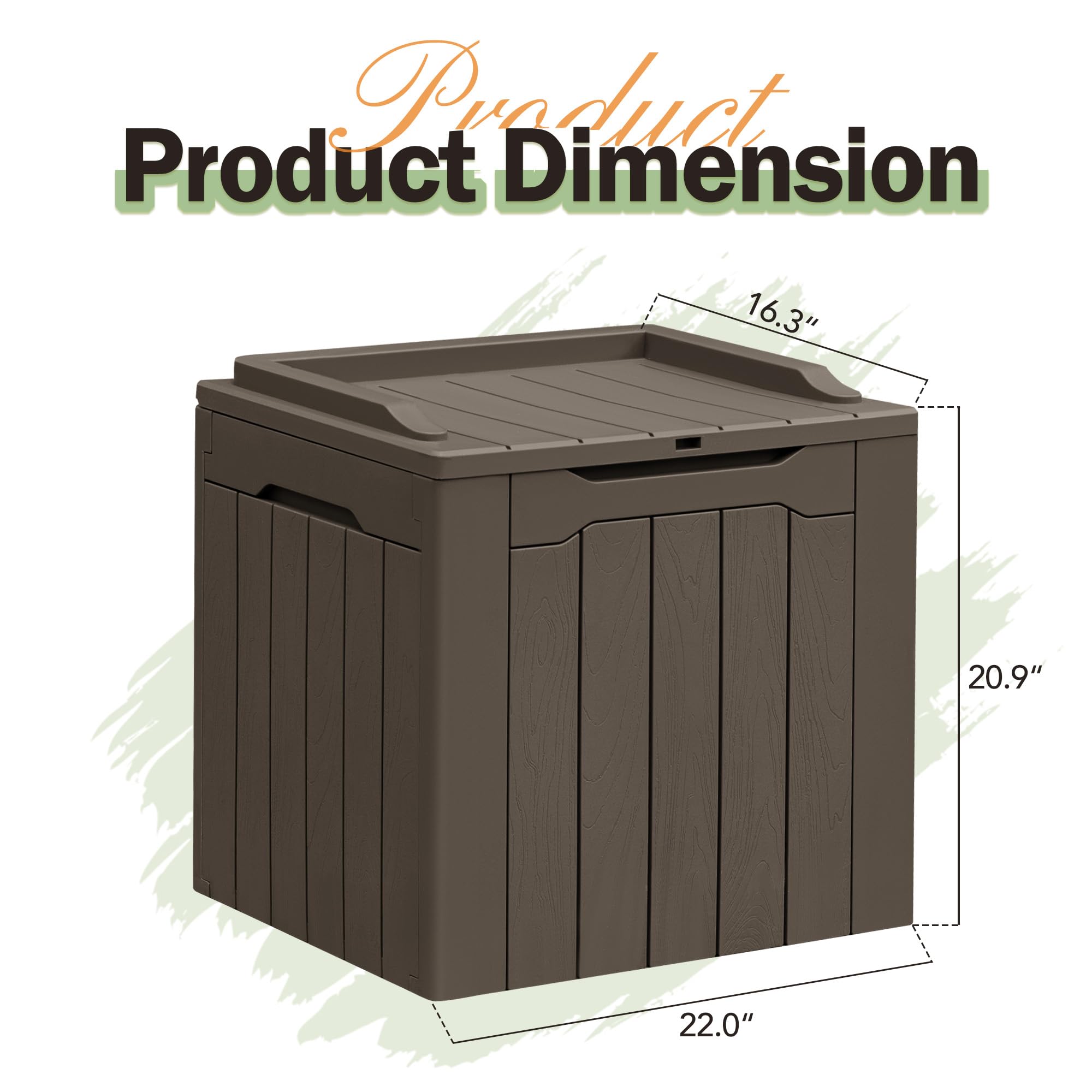 Greesum deck box beside person illustrating size and space-saving outdoor benefit