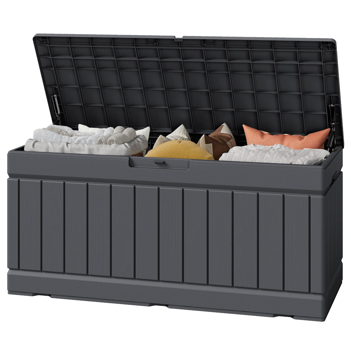 Greesum front view of gray deck box showing compact design and secure storage