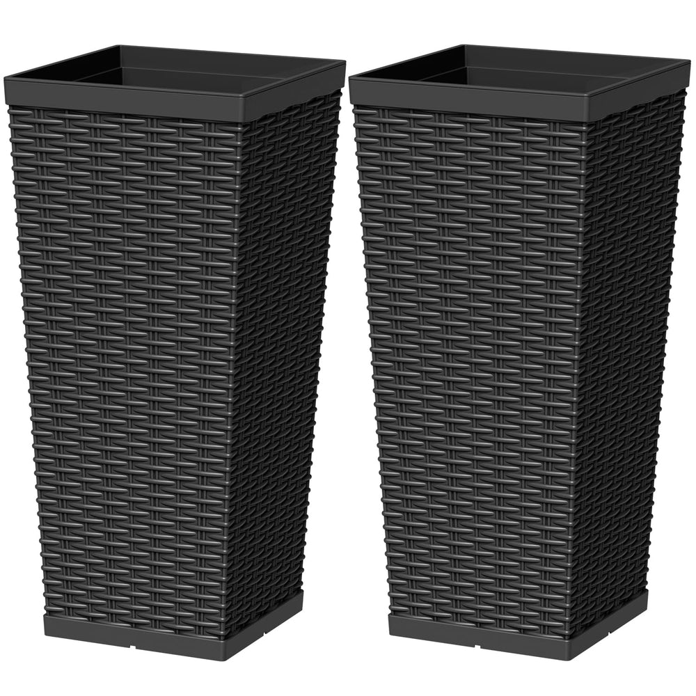 Greesum front view of black 24-inch rattan-texture planter, modern curb appeal