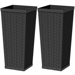 Greesum front view of black 24-inch rattan-texture planter, modern curb appeal