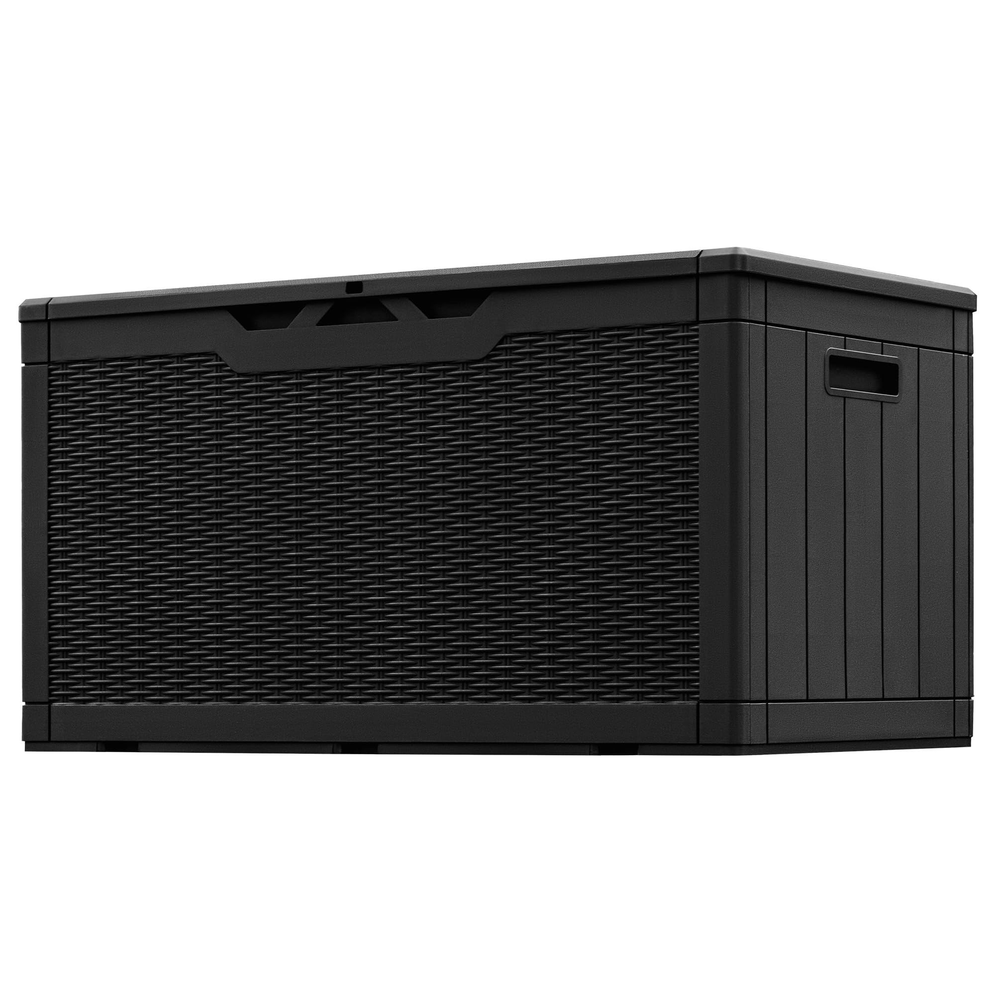 Greesum black deck box front view showing sleek design and secure lid benefit