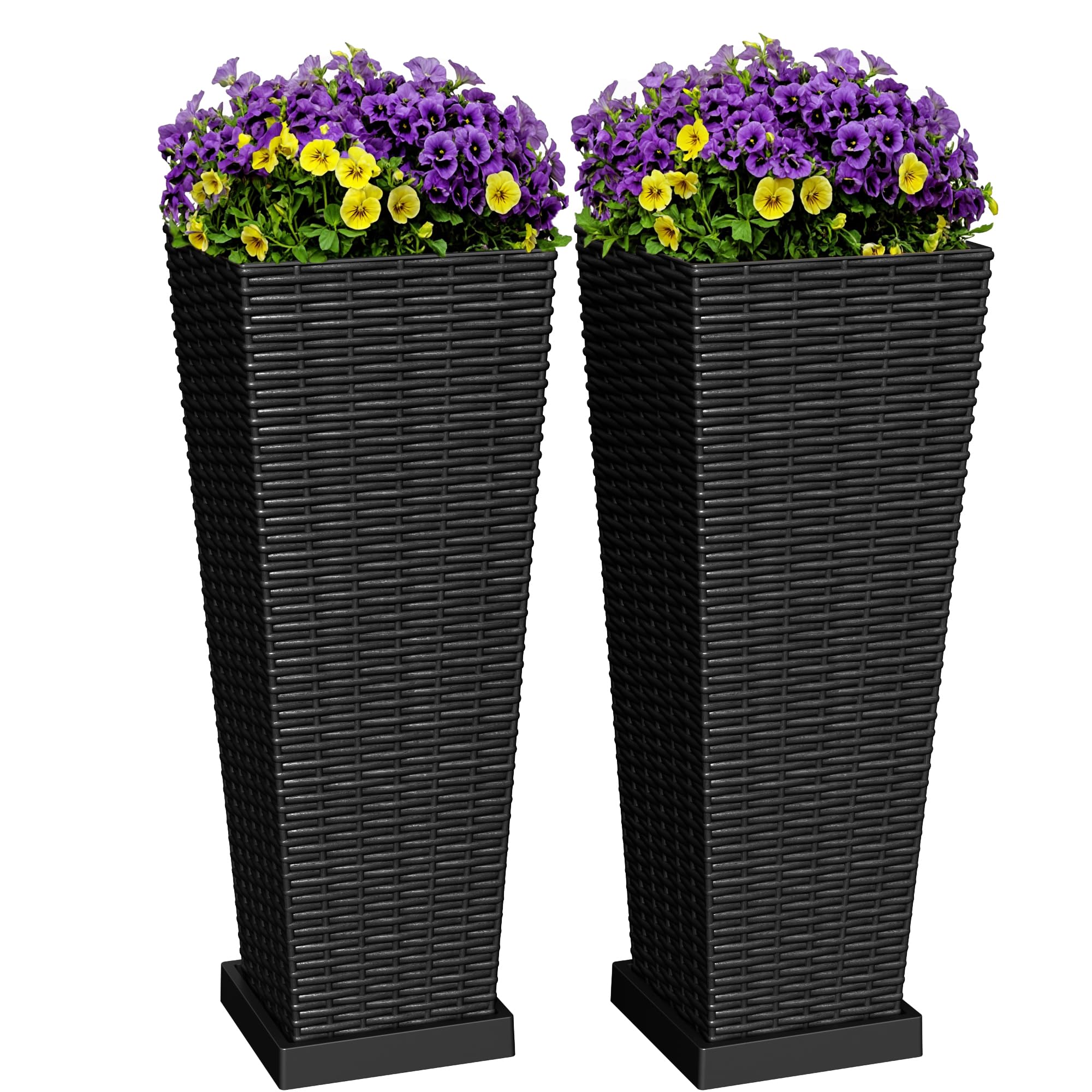 Greesum front view of two black tall planters, adds symmetry to entryway