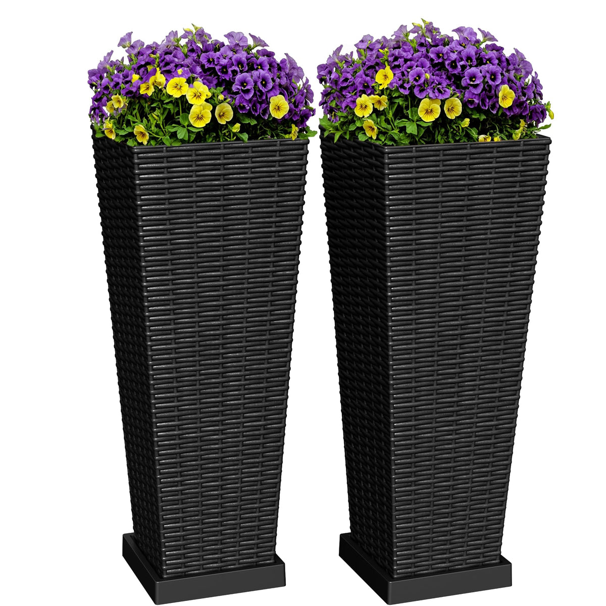 Greesum front view of two black tall planters, adds symmetry to entryway