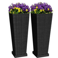 Greesum front view of two black tall planters, adds symmetry to entryway