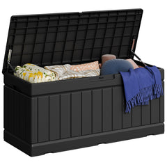 Greesum front view closed deck box showing sleek black storage and tidy aesthetic