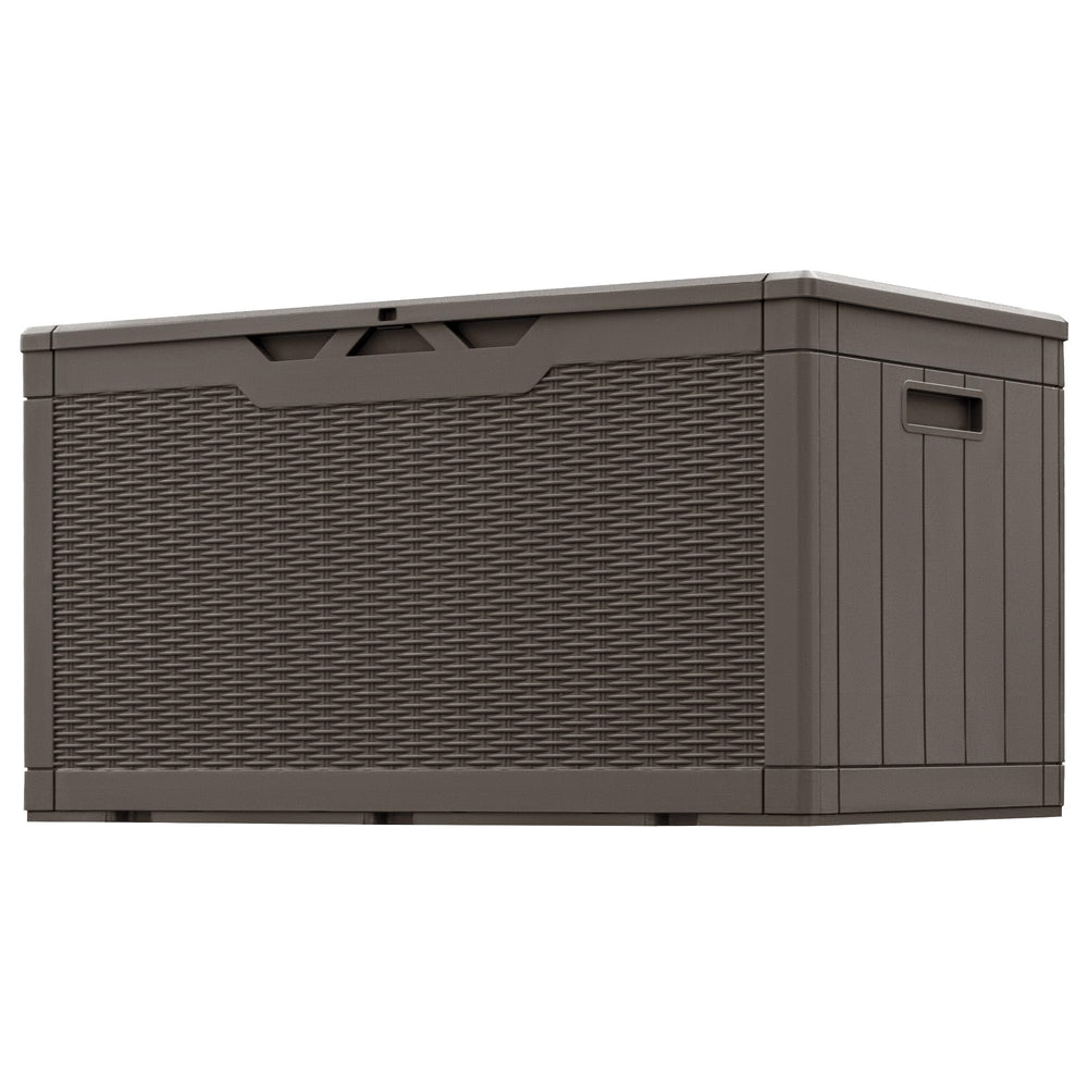 Greesum front view of dark brown deck box showing compact storage benefit