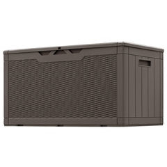 Greesum front view of dark brown deck box showing compact storage benefit
