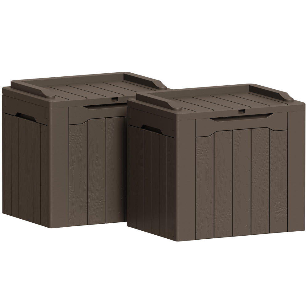 Greesum front view of two brown deck boxes showing compact outdoor storage benefit