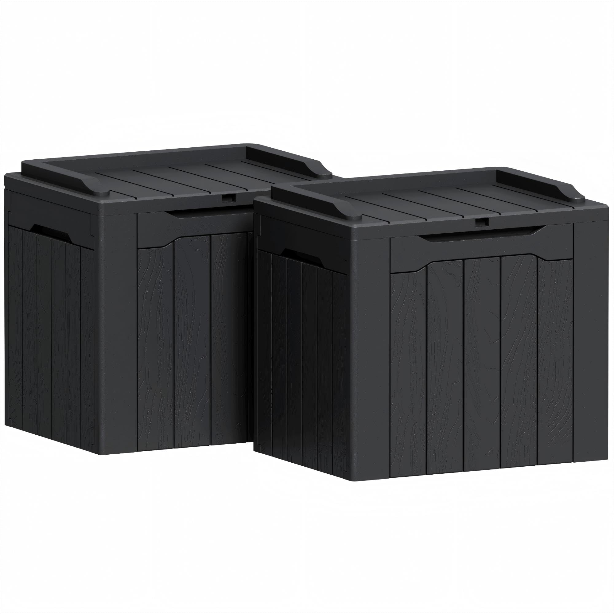 Greesum front view of two deck boxes showing compact outdoor storage benefit
