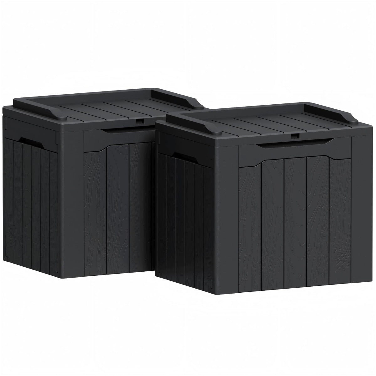 Greesum front view of two deck boxes showing compact outdoor storage benefit