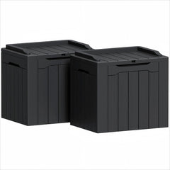 Greesum front view of two deck boxes showing compact outdoor storage benefit