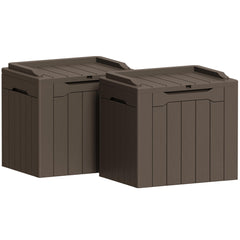 Greesum front view of two brown deck boxes showing compact outdoor storage benefit