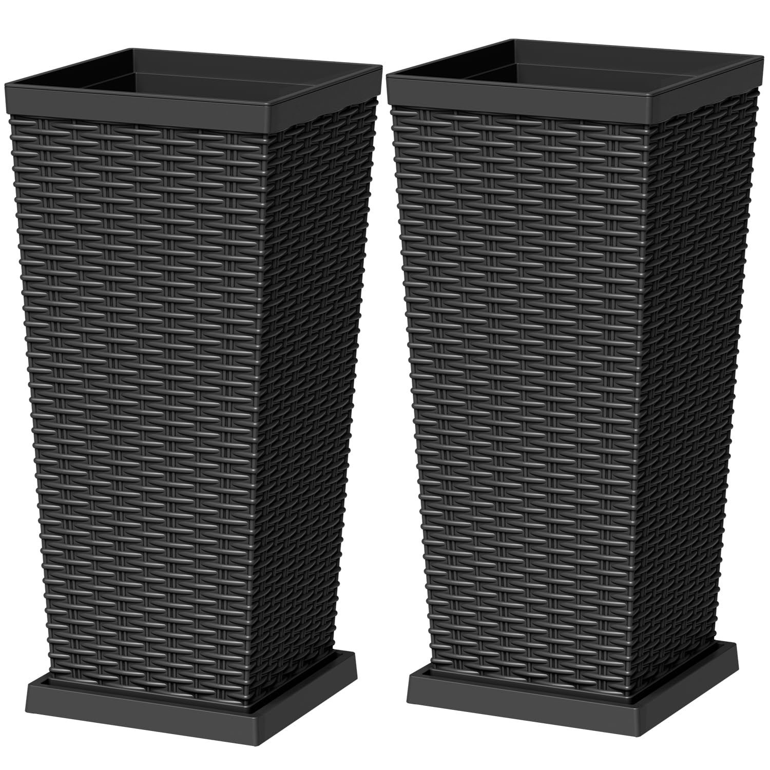Greesum front view of two black tall planters showing stylish rattan look and sturdy build
