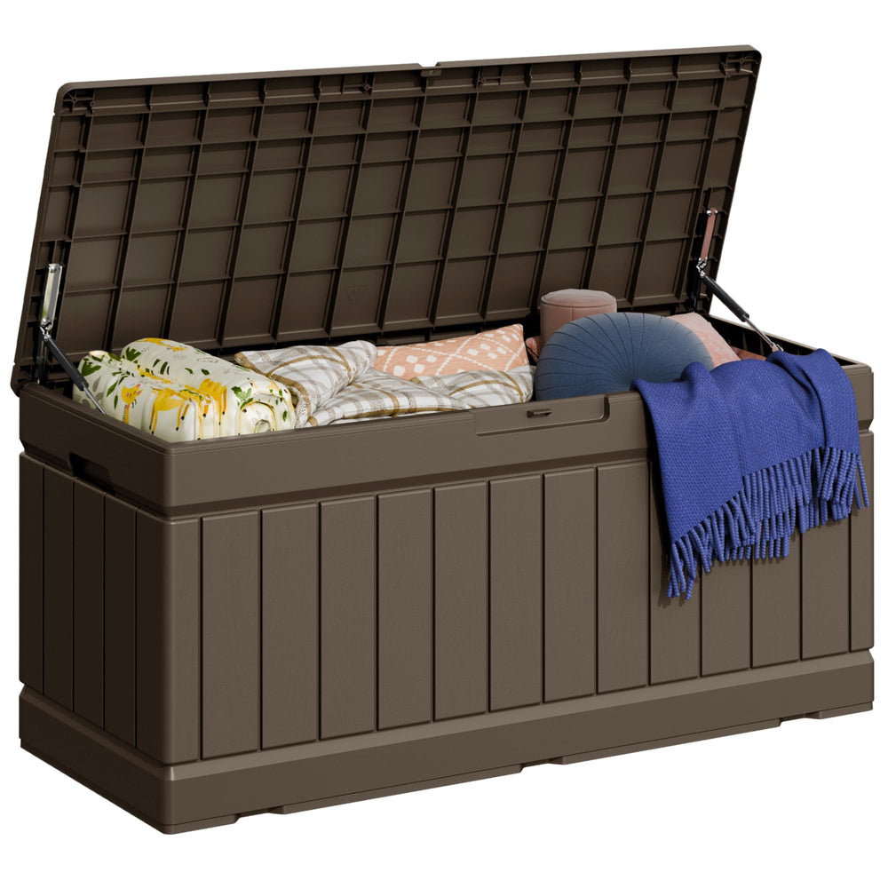 Greesum front view showing weatherproof storage and organized patio