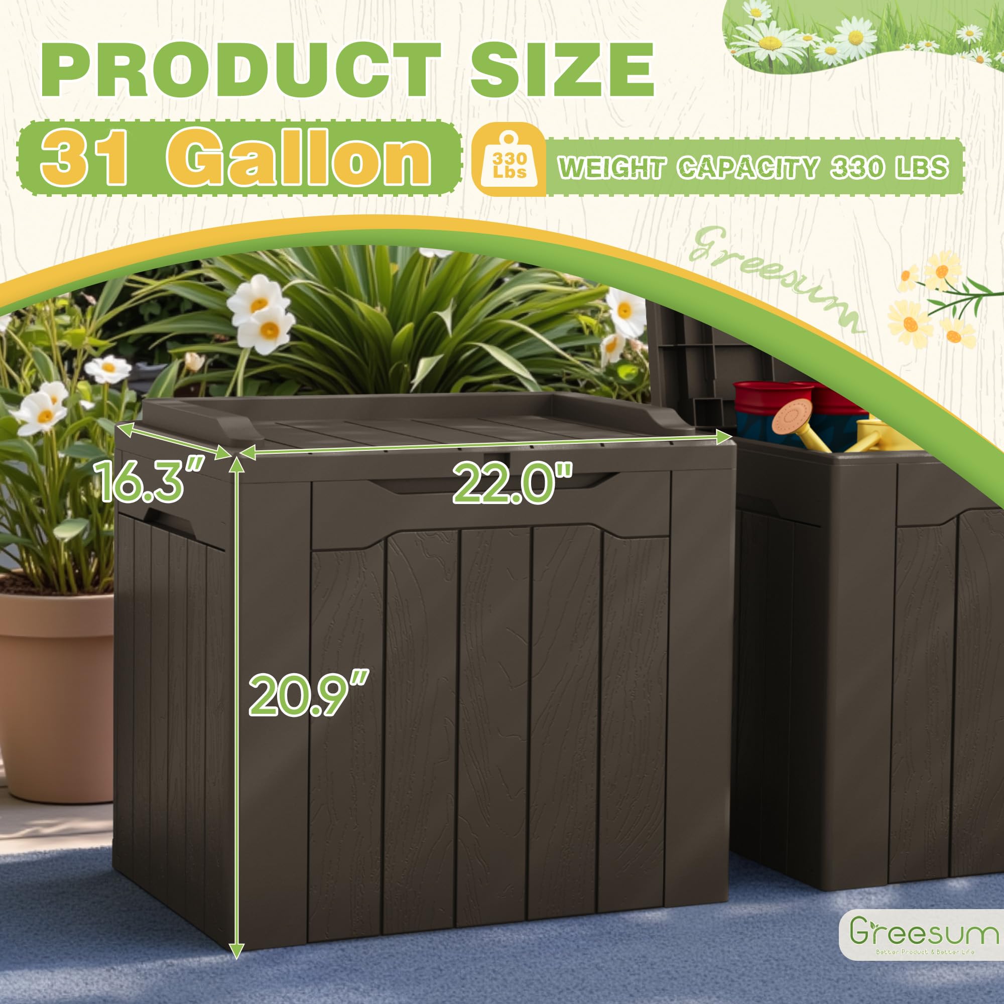 Greesum deck box in patio setting showing aesthetic and functional benefit