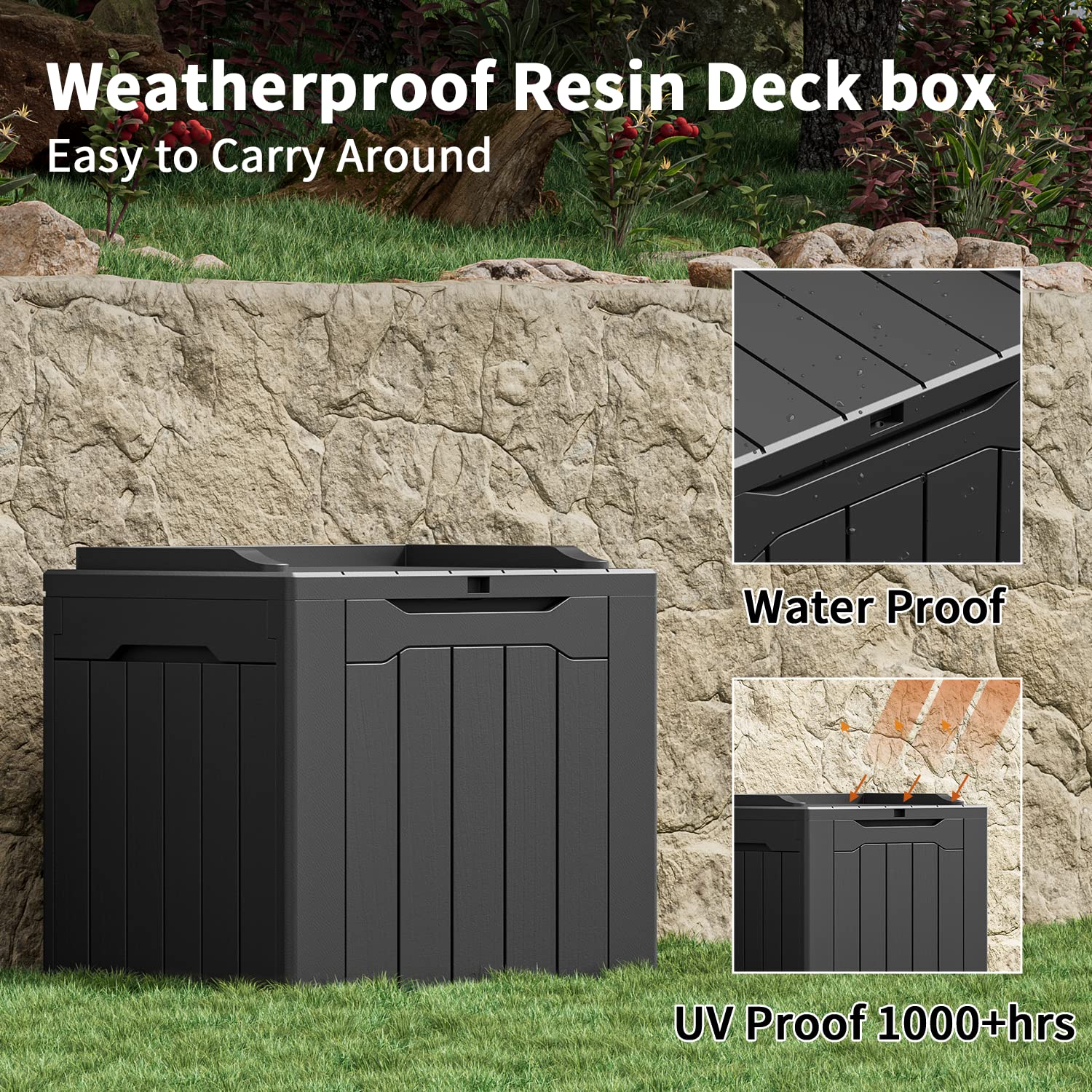 Greesum open box filled with cushions demonstrating 31 gallon storage capacity