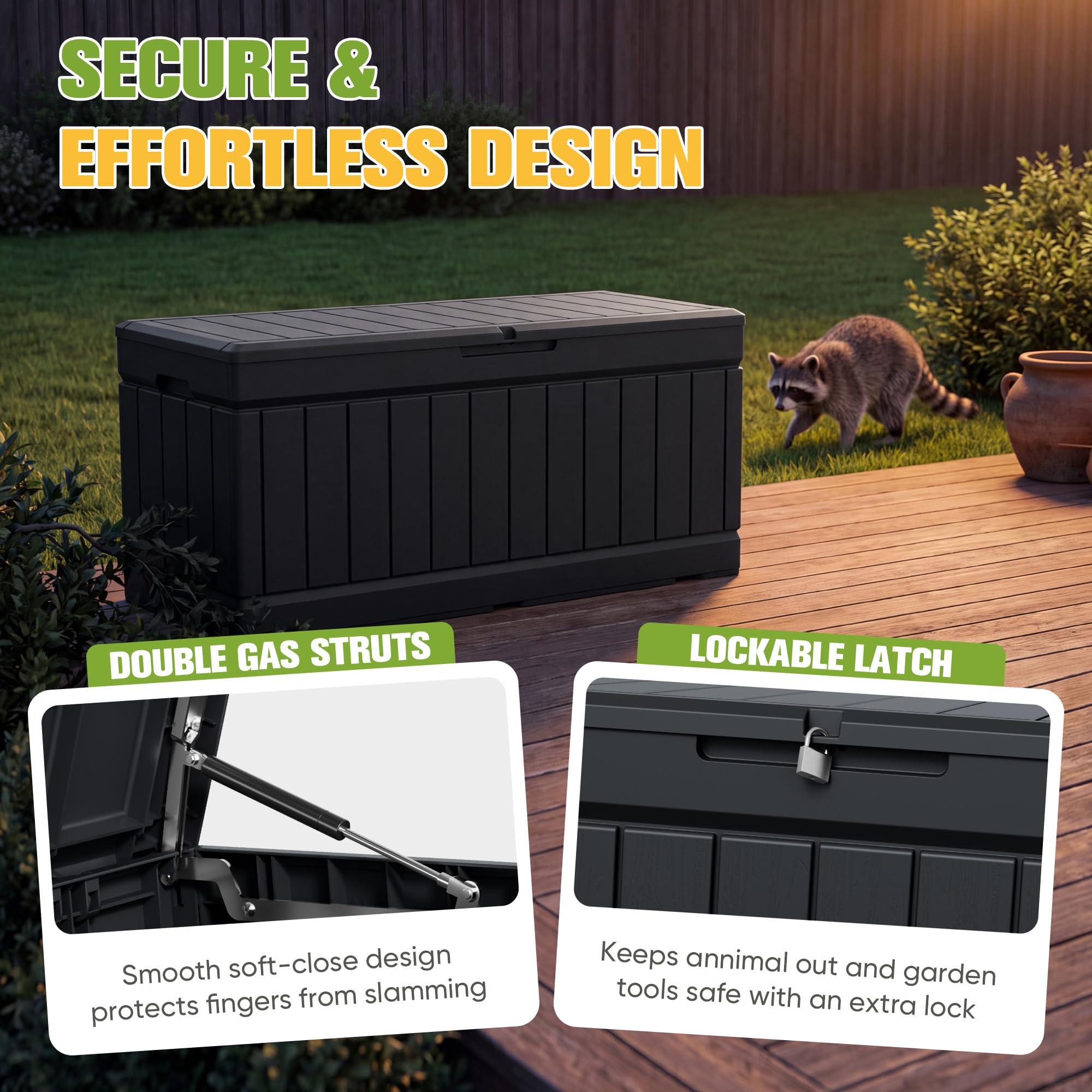 Greesum open lid revealing roomy 82-gallon interior for cushions and toys