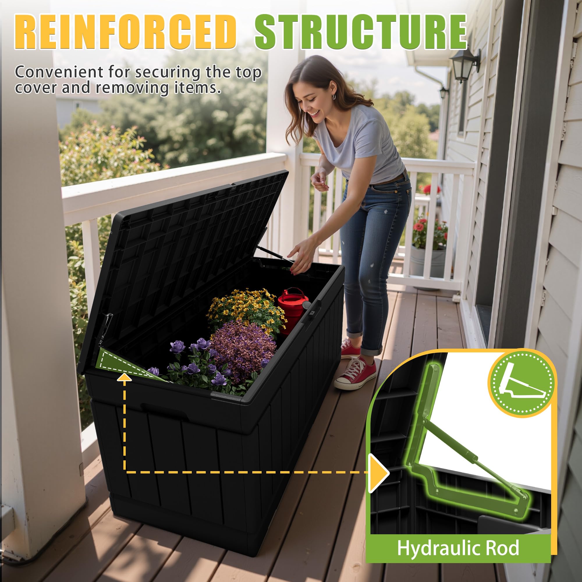 Greesum next to outdoor chair to show scale and storage capacity benefit