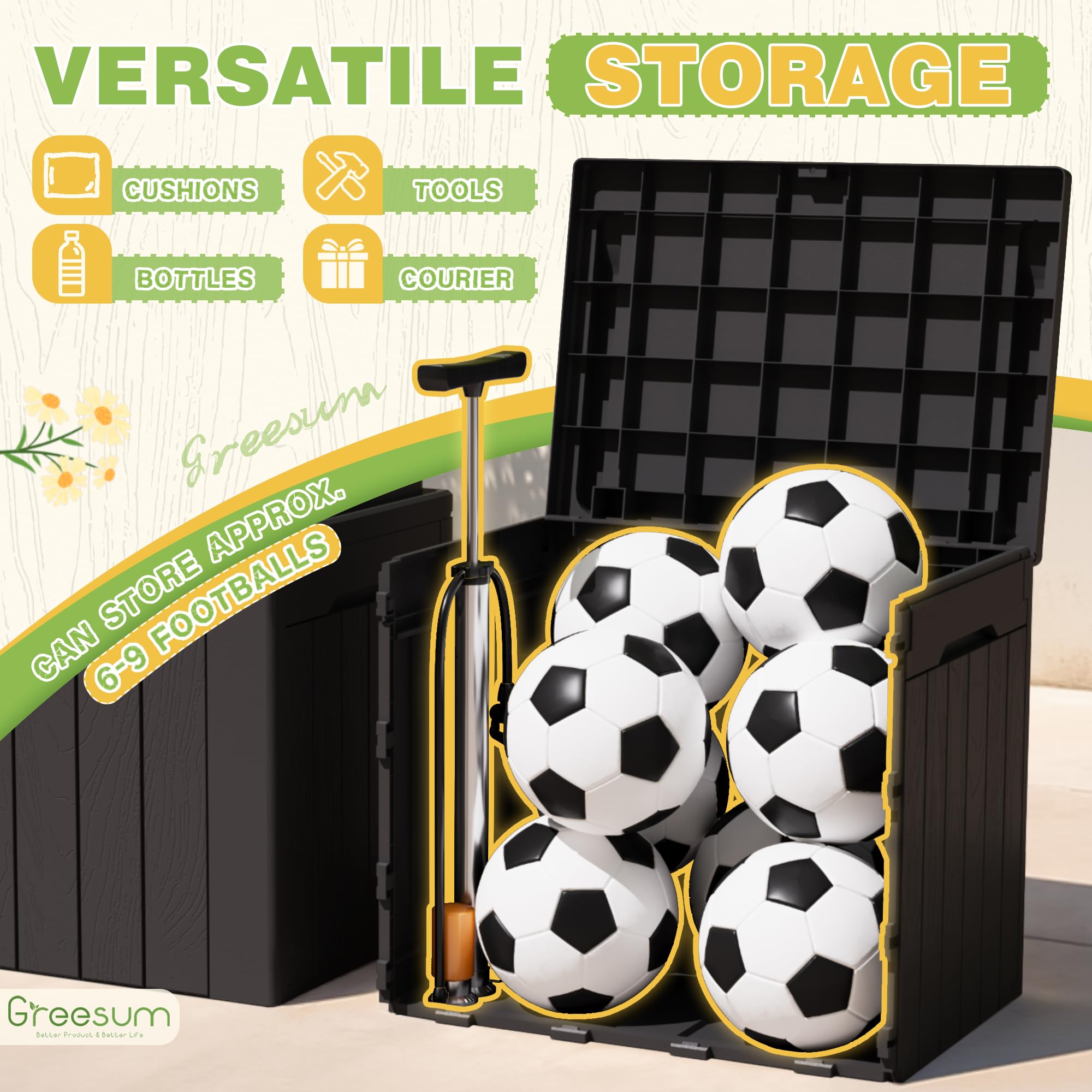 Greesum next to a football illustrating 31-gallon capacity and scale
