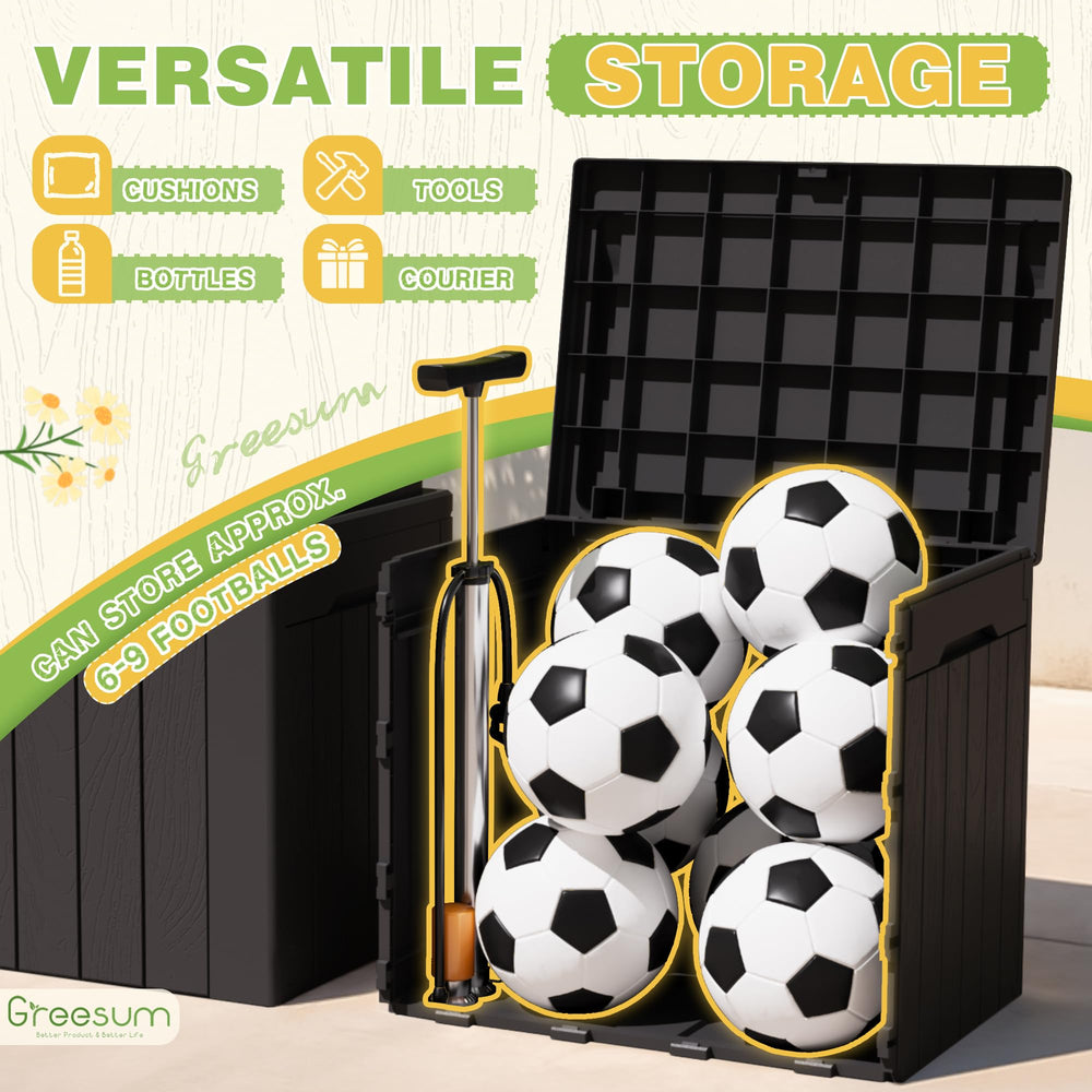 Greesum next to a football illustrating 31-gallon capacity and scale