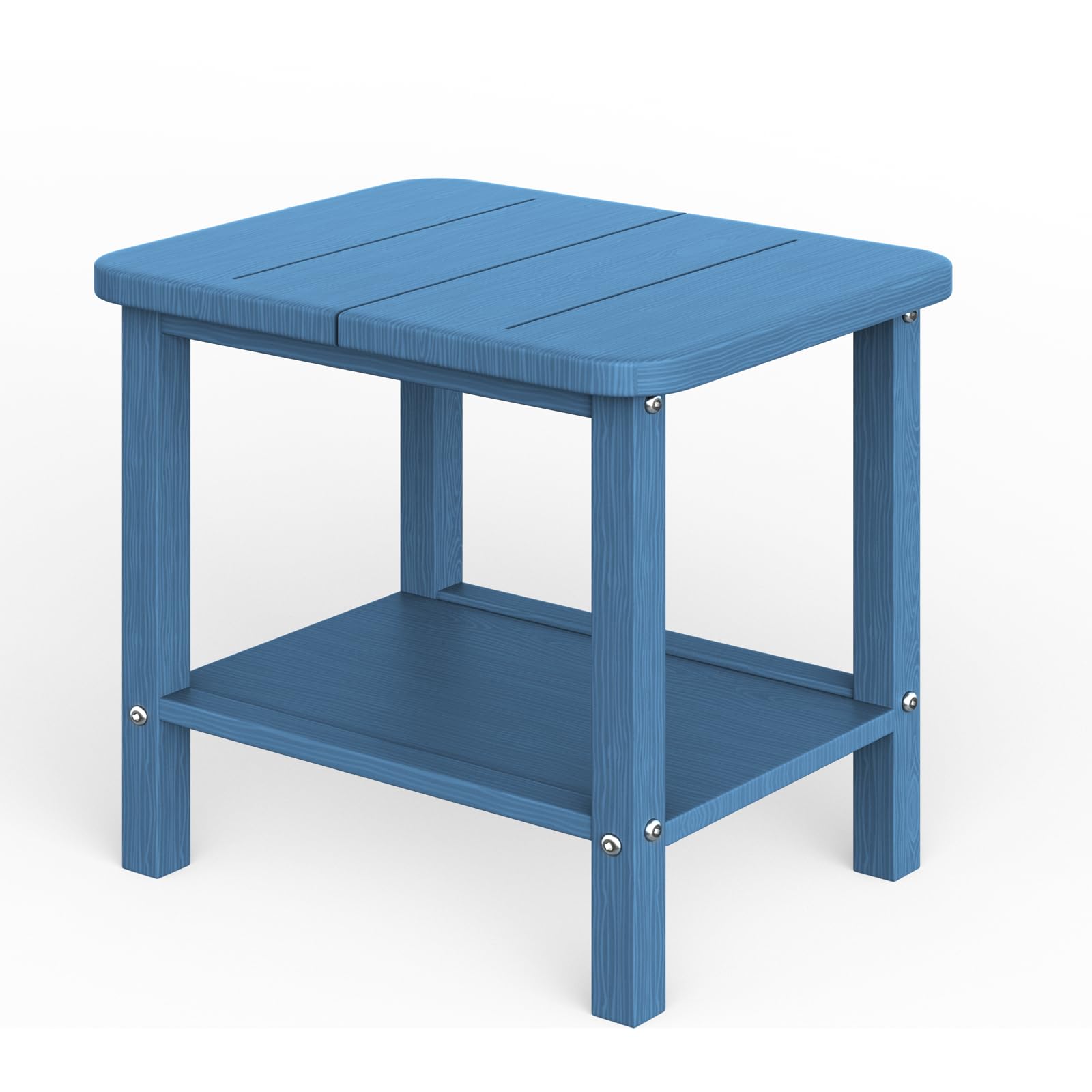 GREFORG front view of navy patio side table showing compact footprint and durable look