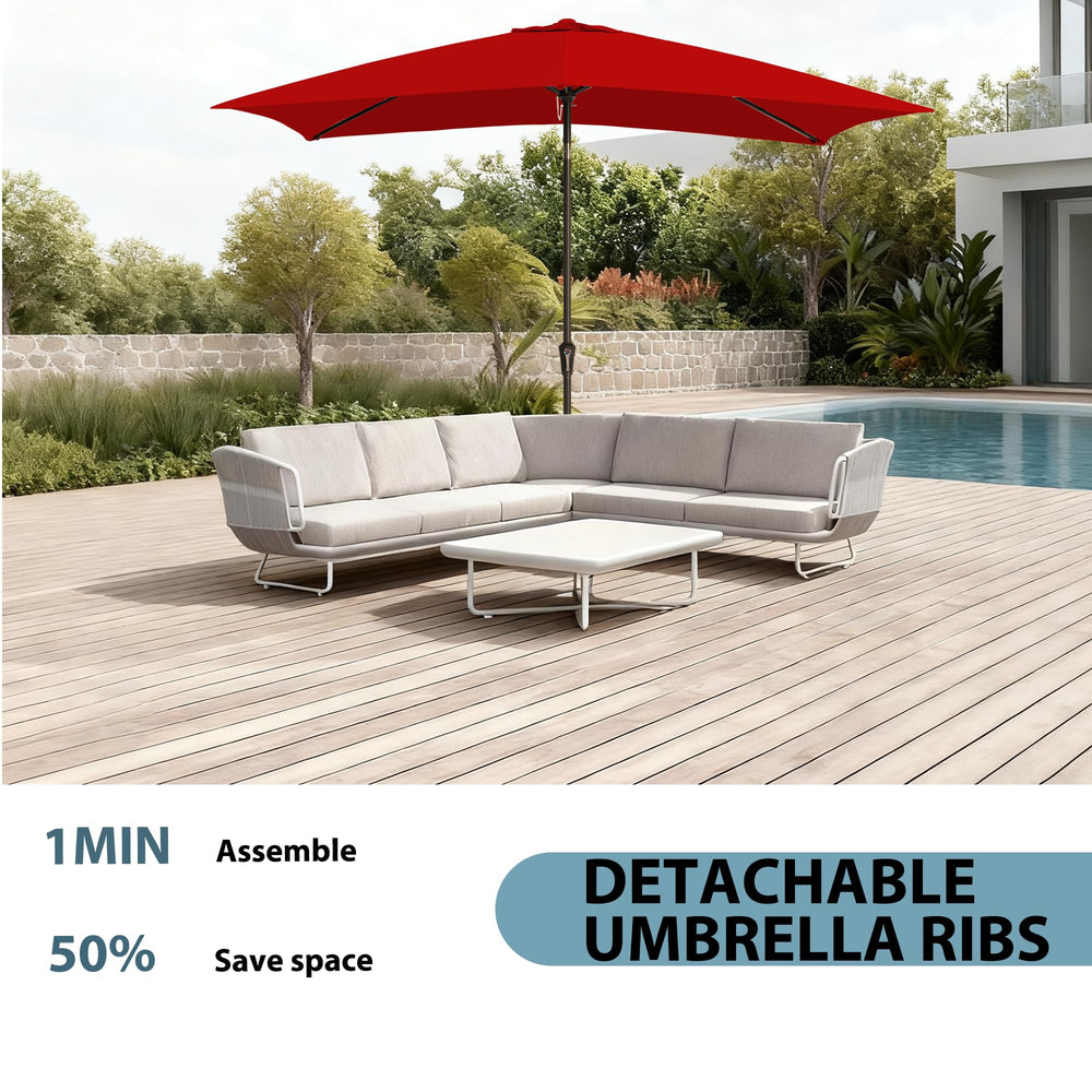 GREFORG umbrella poolside lifestyle scene providing comfortable shaded seating