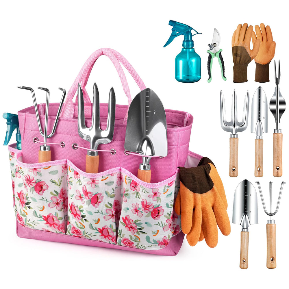 Grenebo front view of the pink tote and full nine-piece gardening set showing organized tools and portability