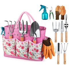 Grenebo front view of the pink tote and full nine-piece gardening set showing organized tools and portability