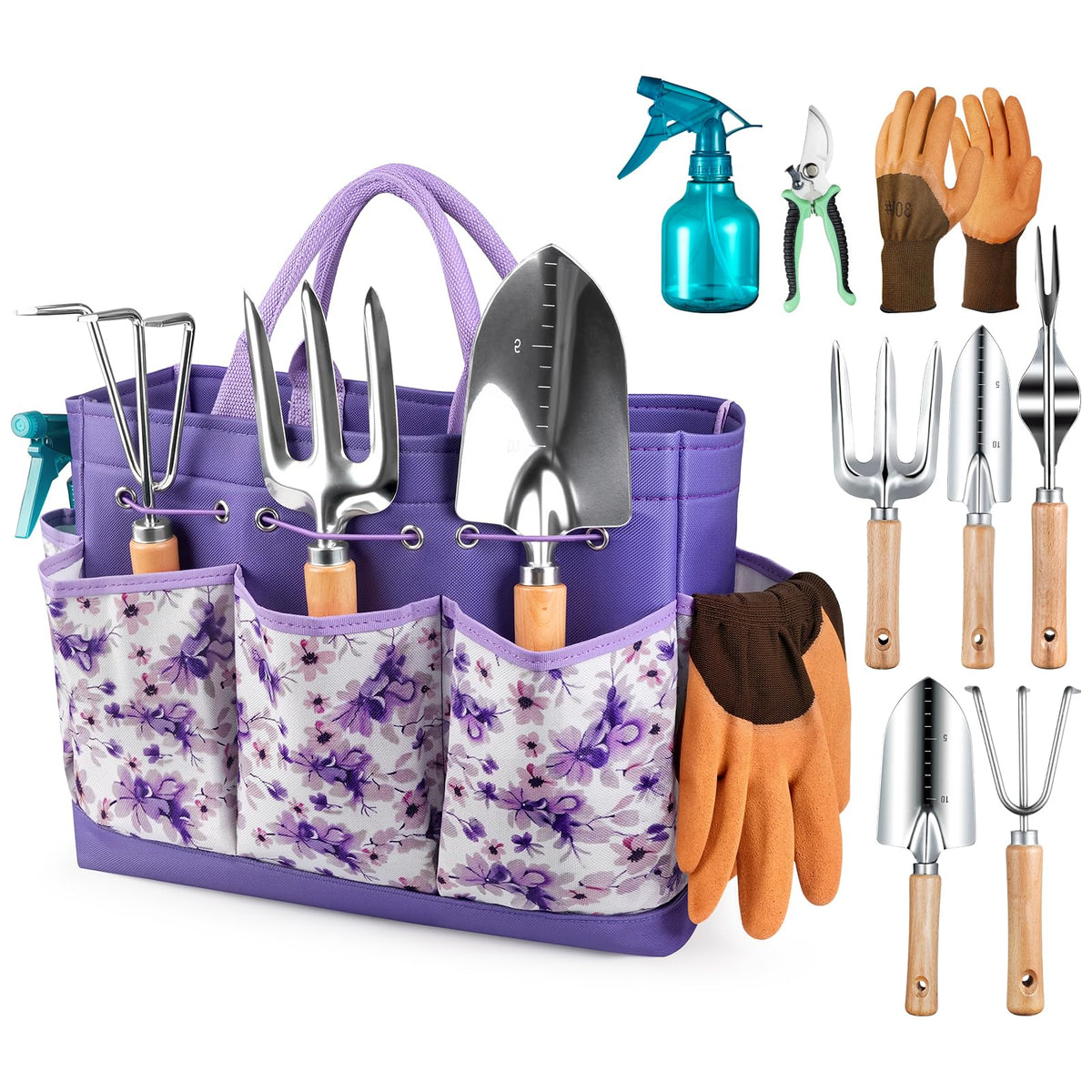 Grenebo front view of purple gardening set showing all tools and tote, organized and ready