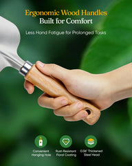 Grenebo wood handle close-up showing ergonomic grip for reduced hand fatigue