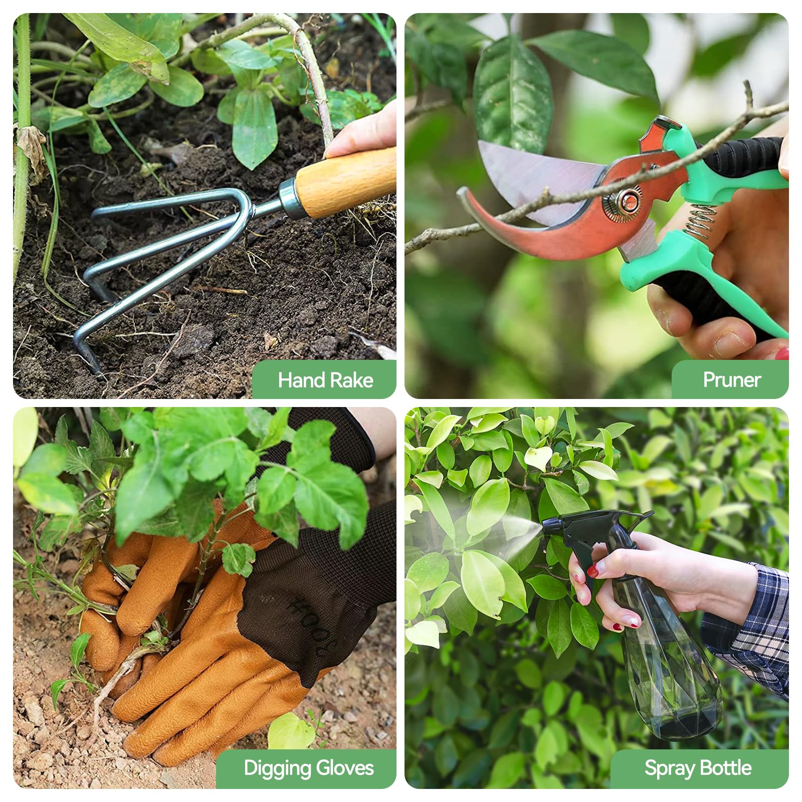 Grenebo tools next to a hand for scale showing compact size and easy handling in the garden