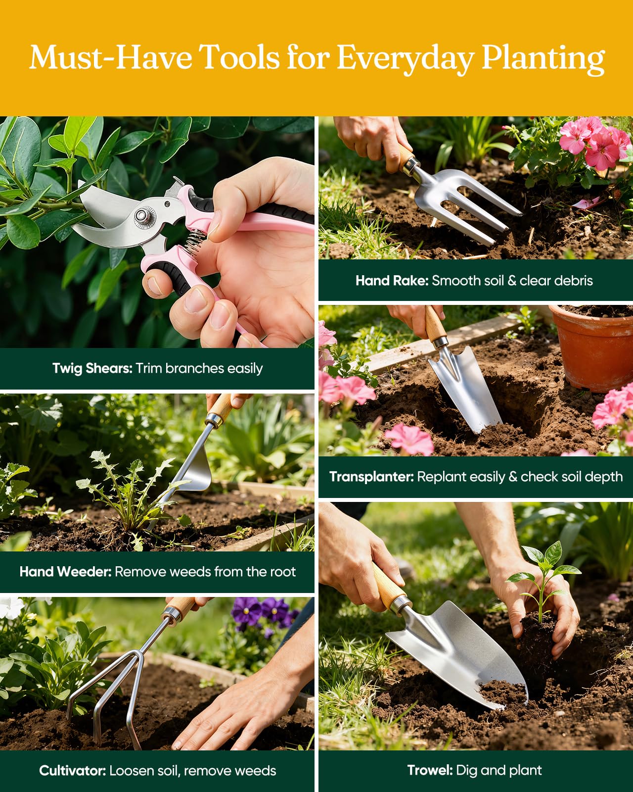 Grenebo tools laid on soil ready to use illustrating versatile gardening tasks
