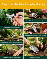Grenebo tools laid on soil ready to use illustrating versatile gardening tasks
