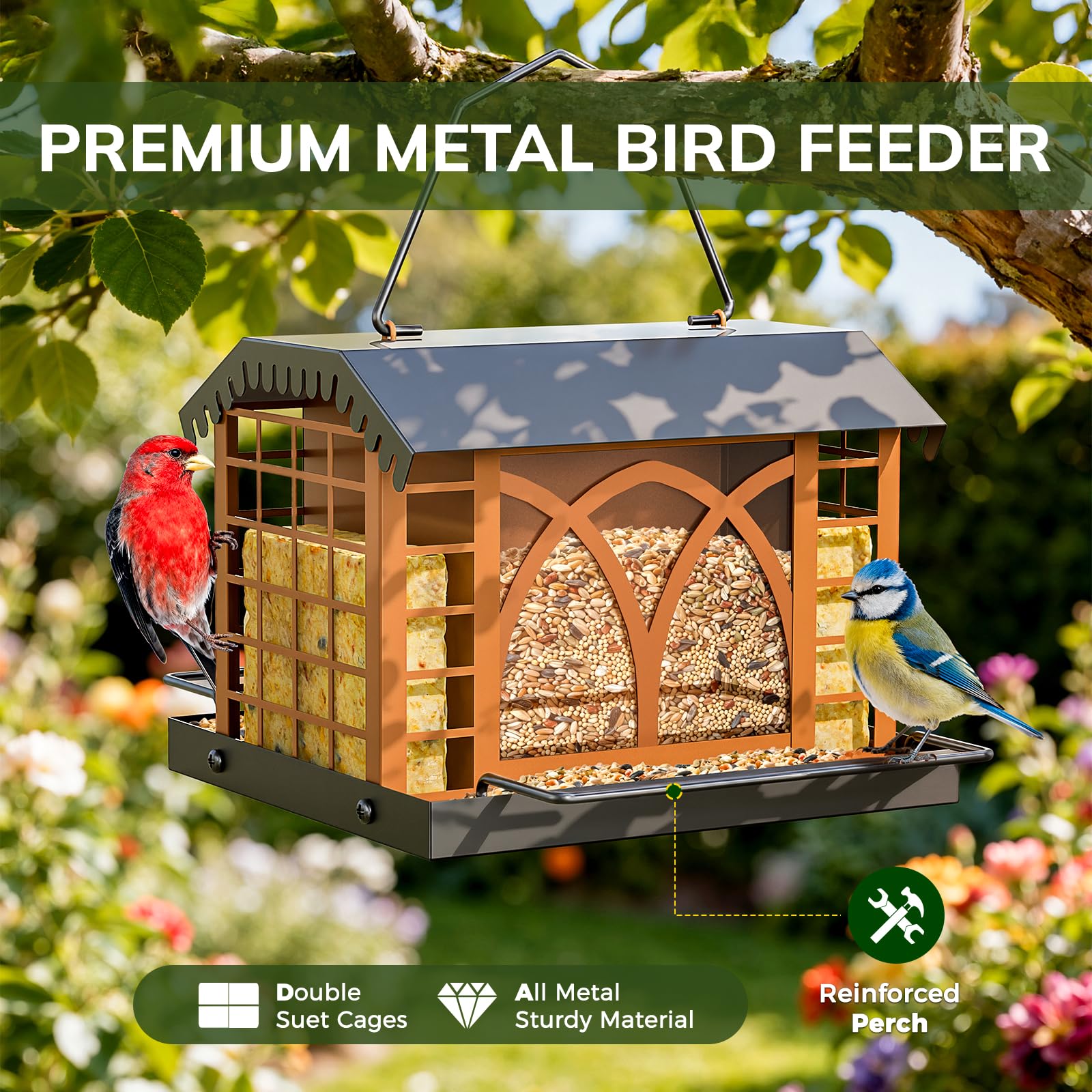Grete Gotye feeder filled with seed and suet demonstrating mixed food options