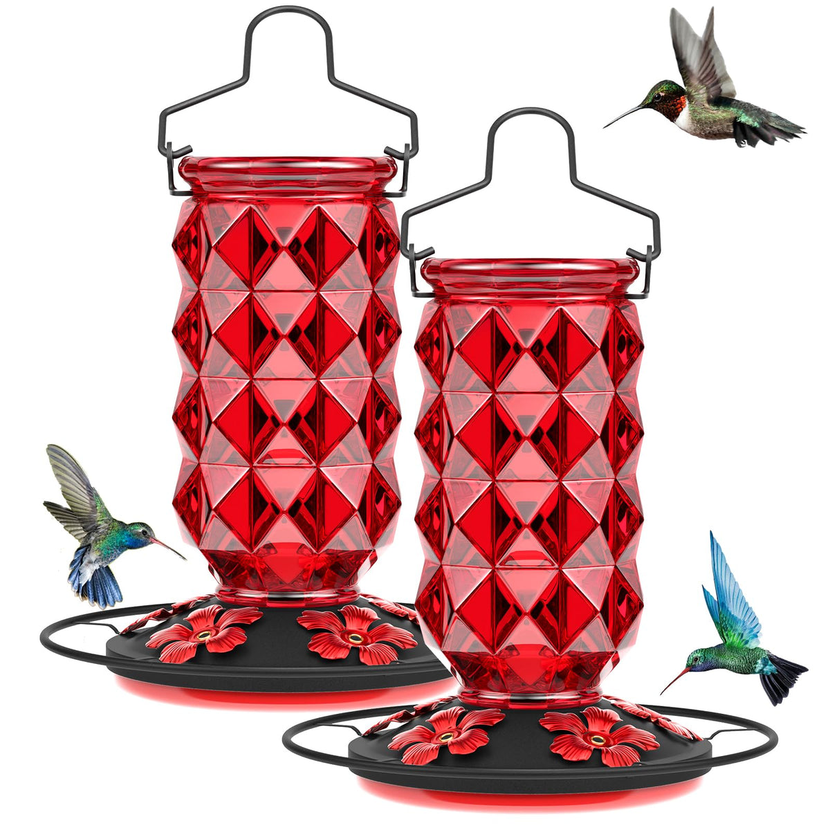 Grete Gotye front view glass feeder showing red flower ports and durable design benefit attraction