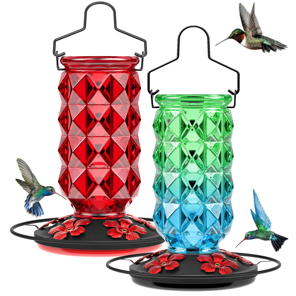 Grete Gotye front view feeder showing colorful glass and five ports, attracting birds