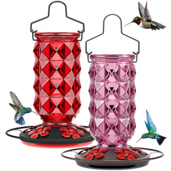 Grete Gotye front view of both red and pink feeders showing attractant colors and capacity