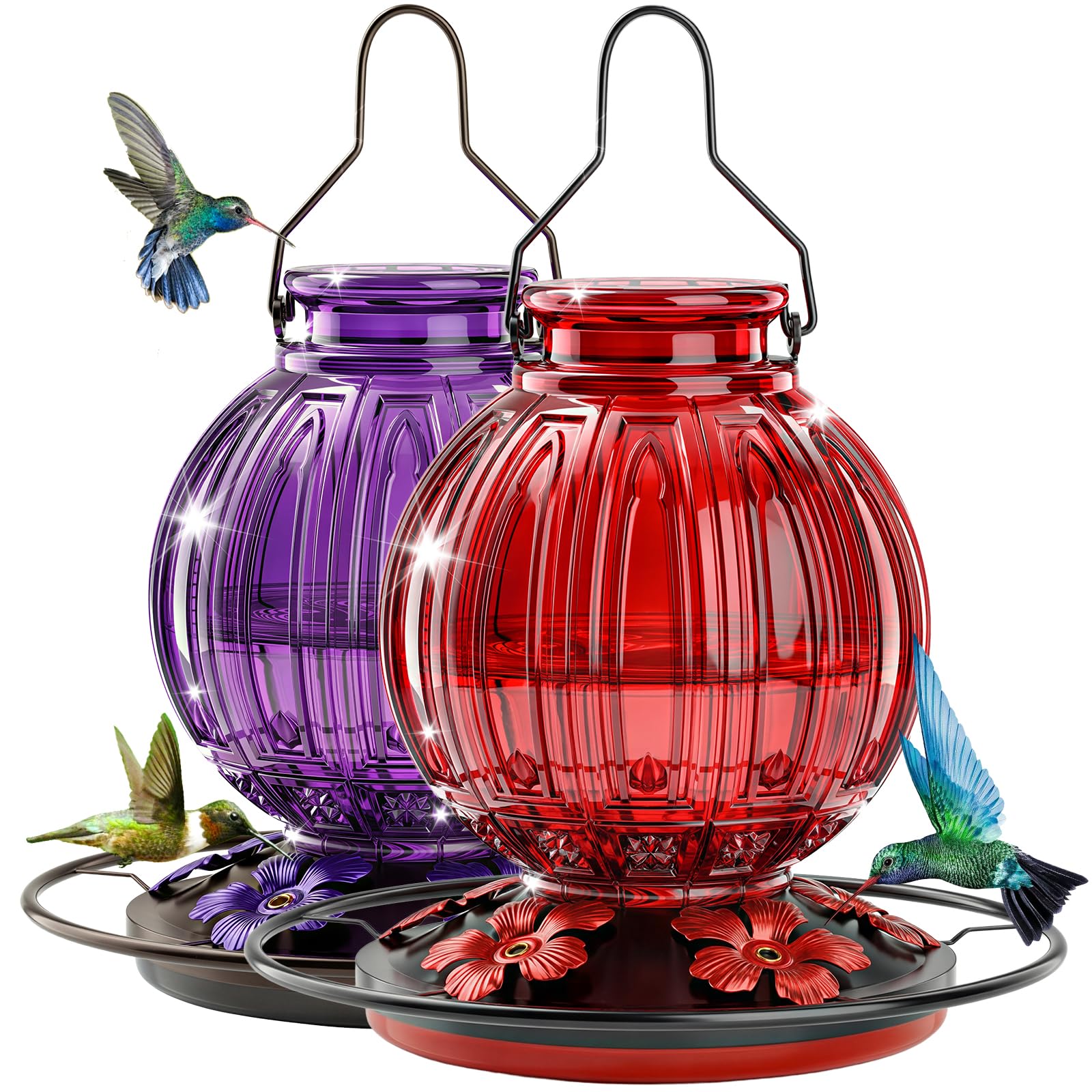 Grete Gotye front view of red and purple feeders showing colorful appeal and durability
