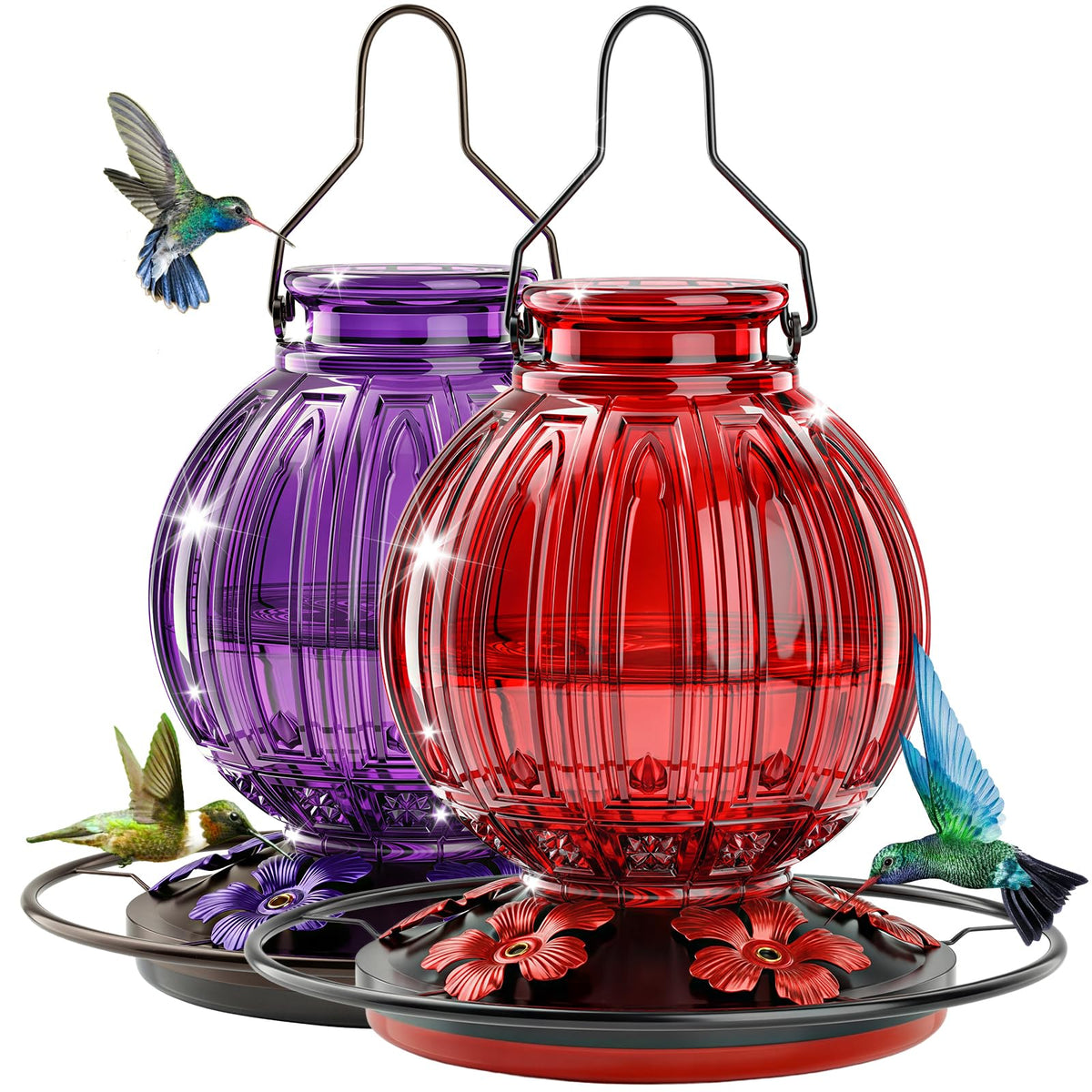 Grete Gotye front view of red and purple feeders showing colorful appeal and durability