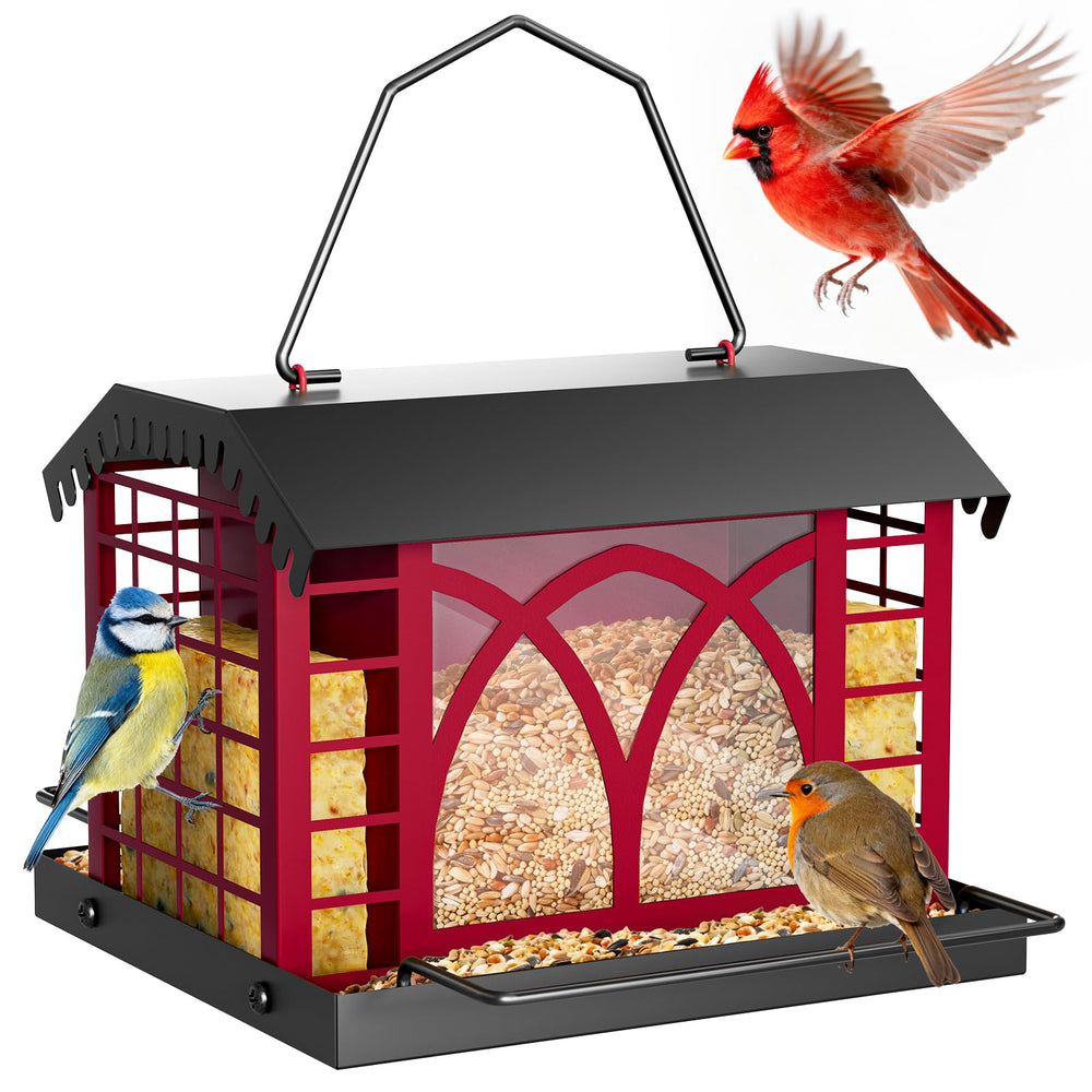 Grete Gotye front view of berry red metal feeder showing full design and capacity