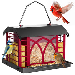 Grete Gotye front view of berry red metal feeder showing full design and capacity