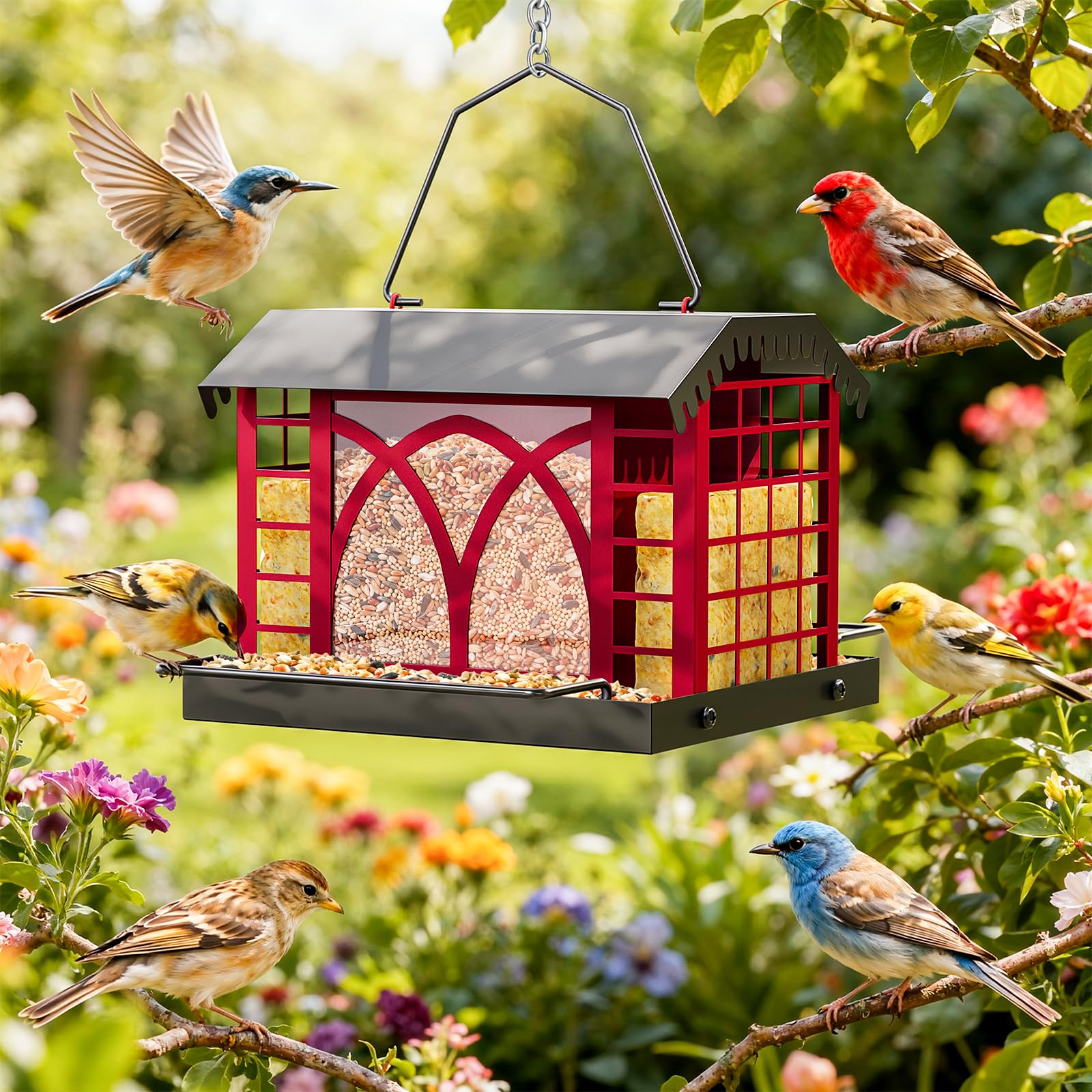 Grete Gotye feeder hanging in garden with birds to show lifestyle use