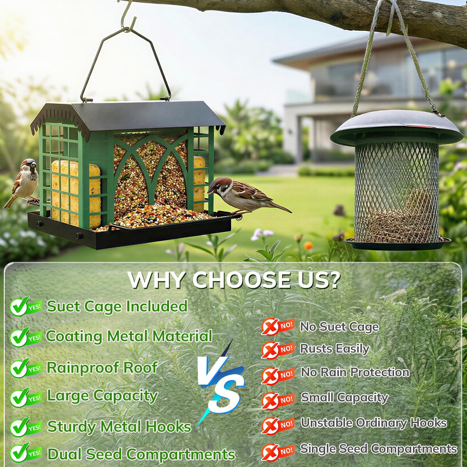 Grete Gotye feeder in use with cardinal and chickadee attracting variety of birds
