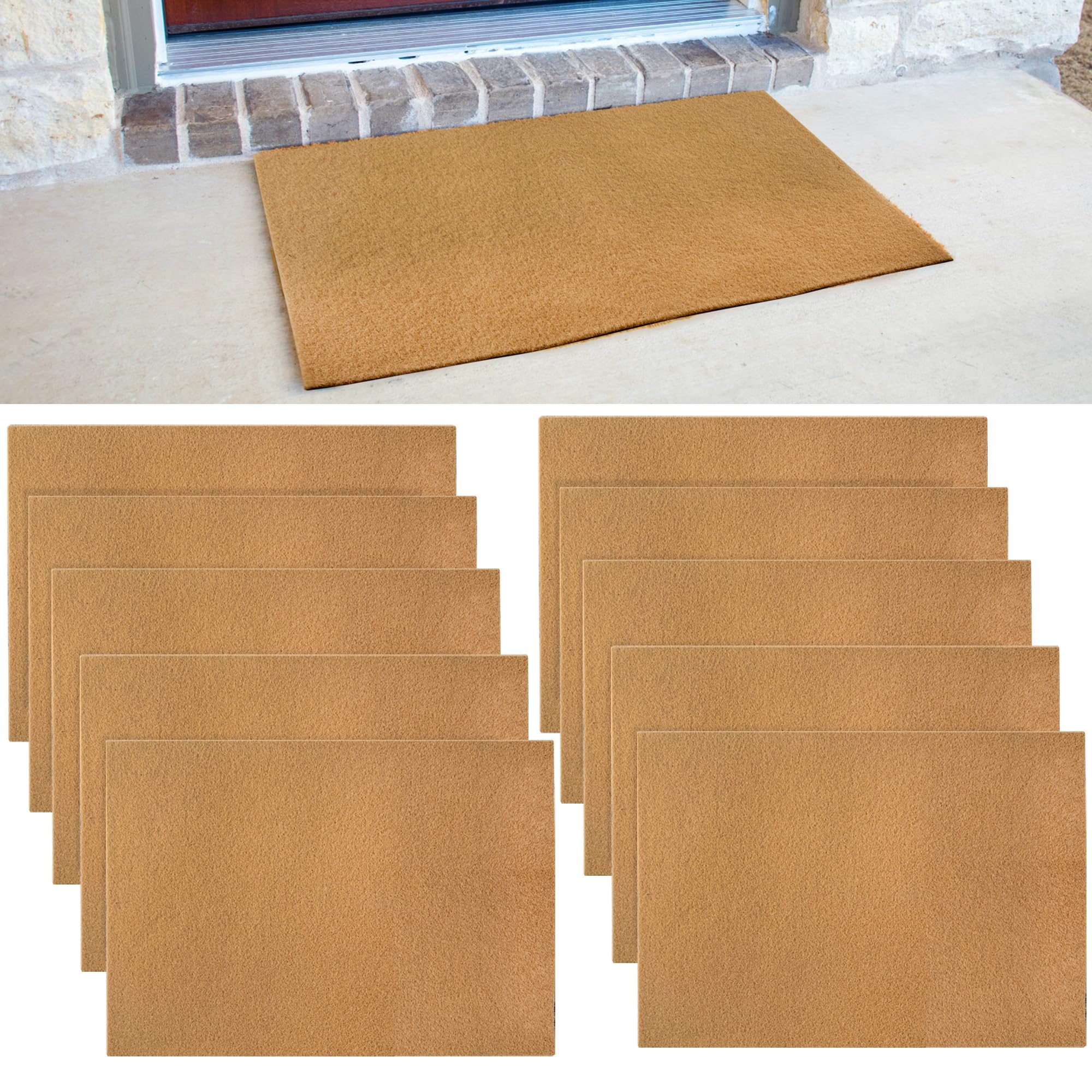 GRETJOB front view of ten blank mats showing neutral welcome look and portability