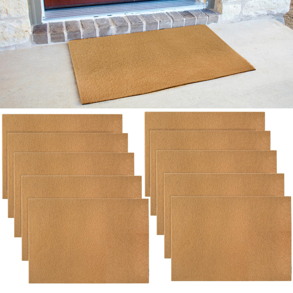 GRETJOB front view of ten blank mats showing neutral welcome look and portability