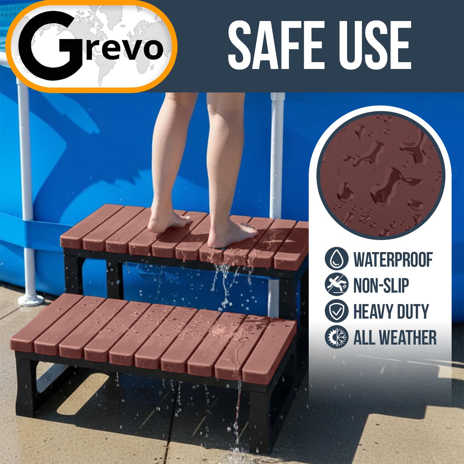GREVO steps placed on deck next to hot tub demonstrating safe spa access