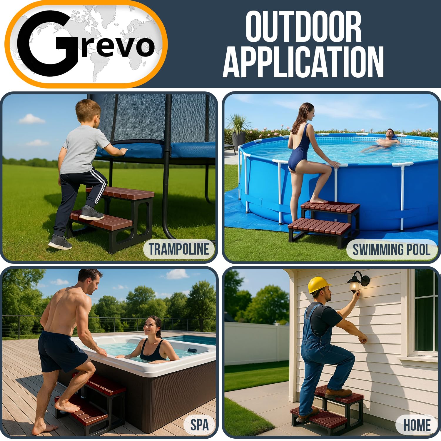 GREVO steps with measuring tape showing compact dimensions for tight spaces